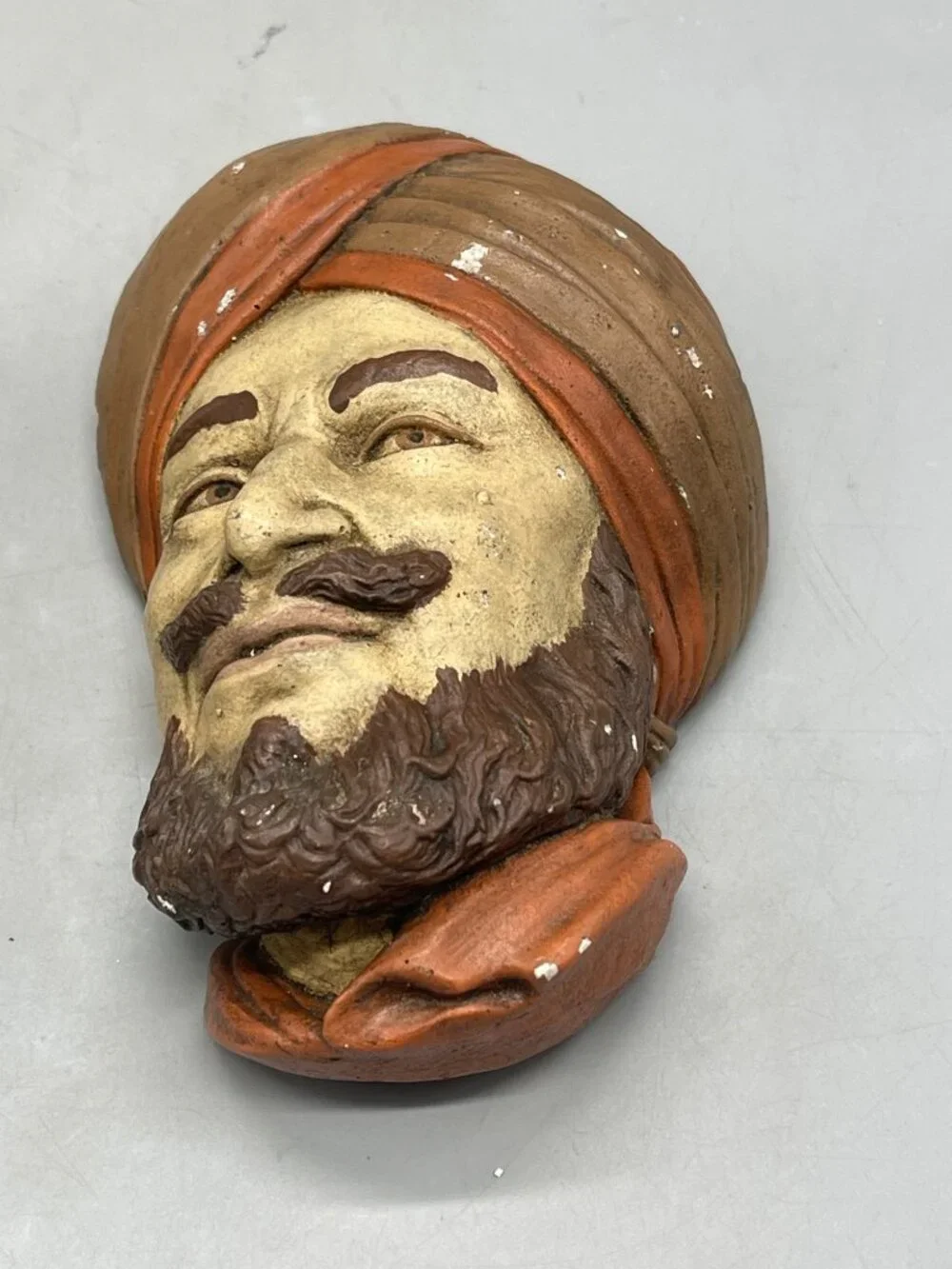 chalkware head wall hangings set of 2 1)Himalayan brown hat scarf beard READ